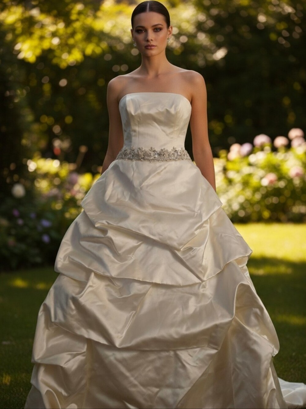 NWOT Anne Barge Strapless Satin Wedding Gown with Embellished Waist - Size 10
